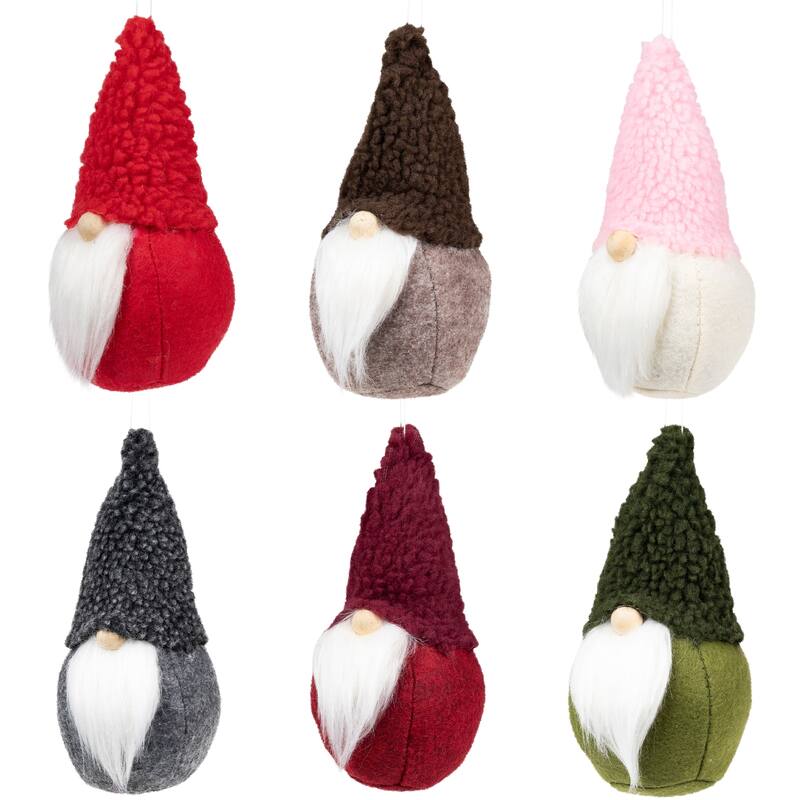 Plush Gnome Hanging Christmas Ornaments - 6.75" - Multi-Color - Set of 6