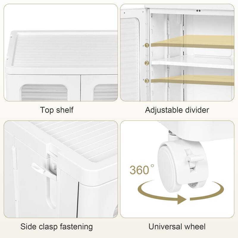 Javlergo 2-Tier White Rolling Storage Cabinet with Adjustable Shelves Locking Wheels & Transparent Doors Freestanding Organizer