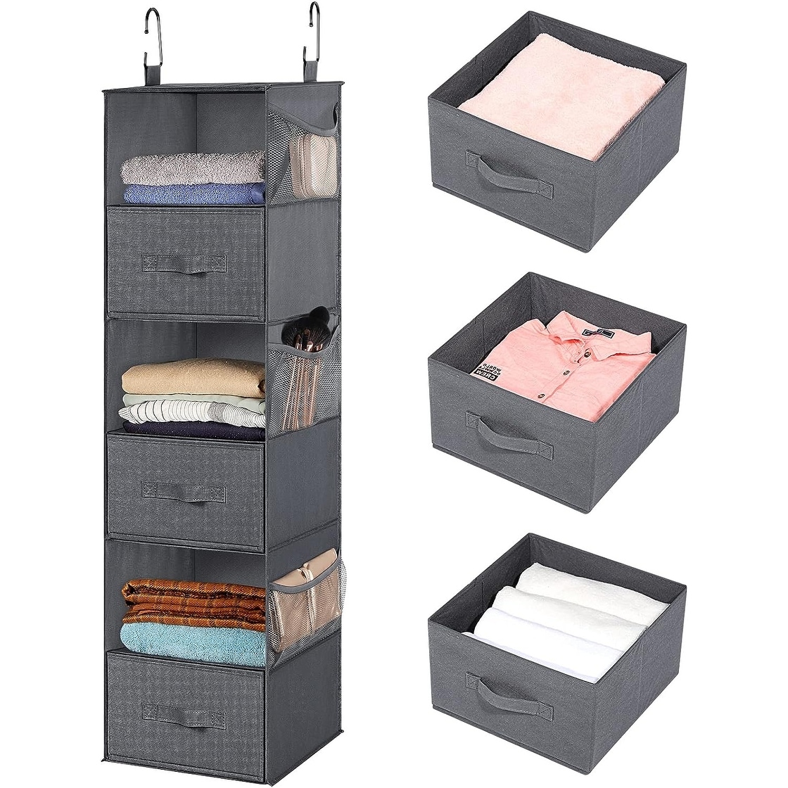 3 Pack Hanging Closet Organizers and Storage, 6 Shelf Hanging Clothing  Shelves Collapsible Clothes Closet Organizer Storage Fabric Shelves with  Side