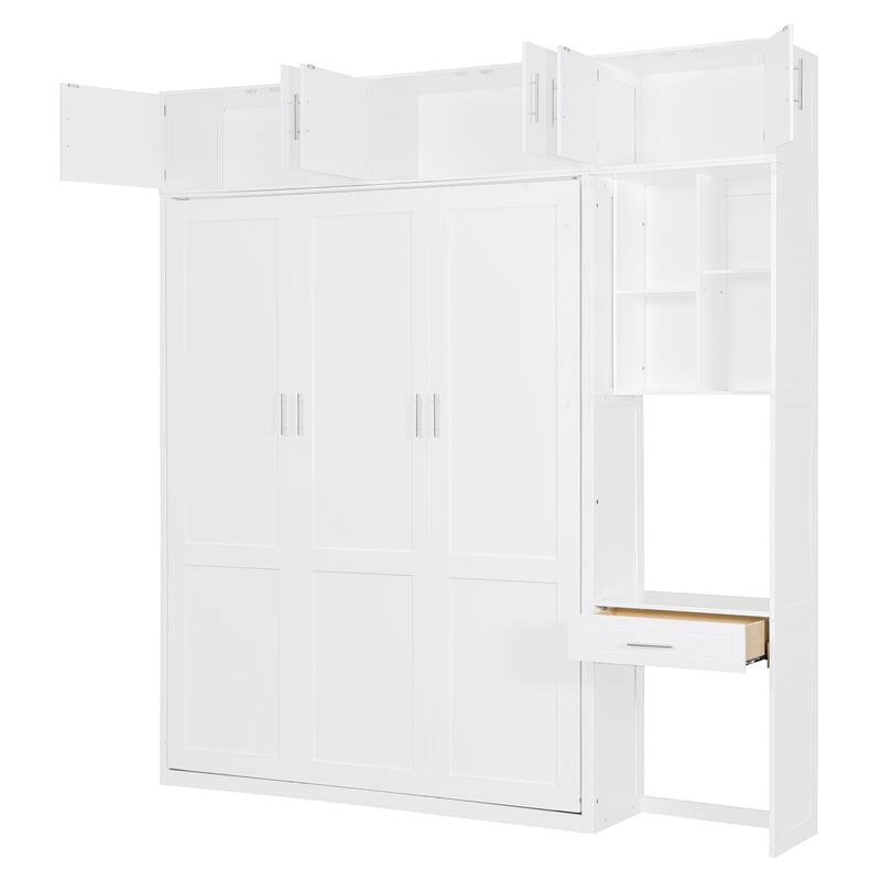 Queen Size Solid Wood Murphy Bed with Built-In Desk, Cabinets & Shelves, Foldable Wall Bed, Multifunctional Storage