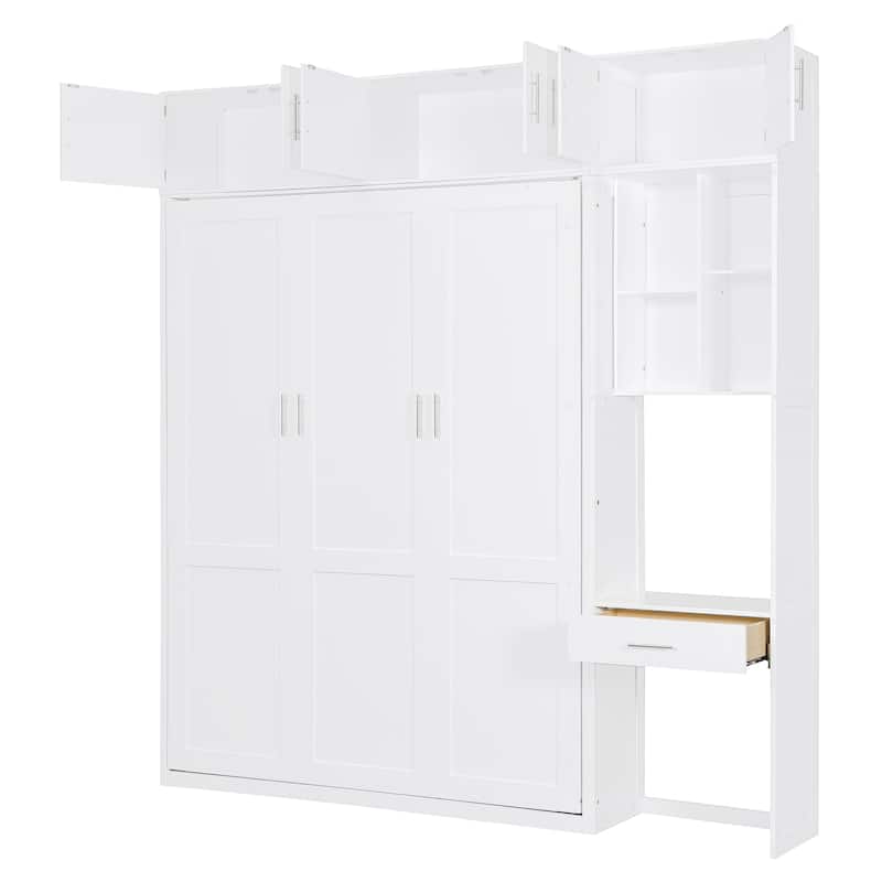 Space-Saving Queen Murphy Bed with Desk, Storage Shelves and Top Cabinets, Foldable Wall Bed in White