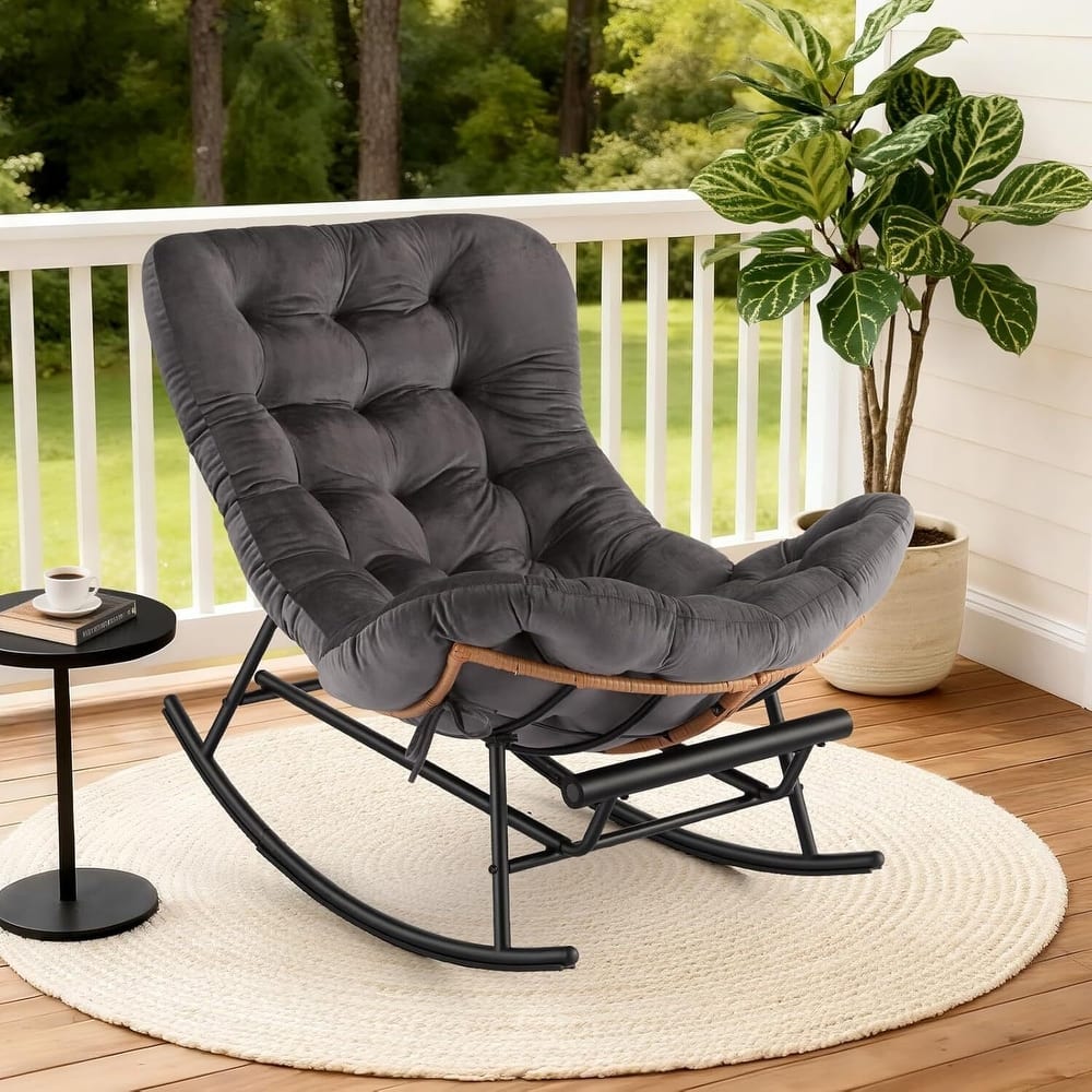 Cozy Papasan Rocking Sofa Chair with Extendable Footrest for Porch, Lawn, Bedroom and Living Room