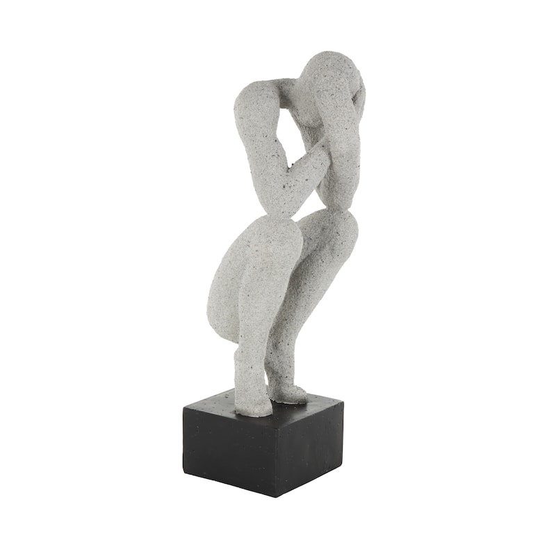 Gray Polystone Crouching People Decorative Sculpture with Black Square Base