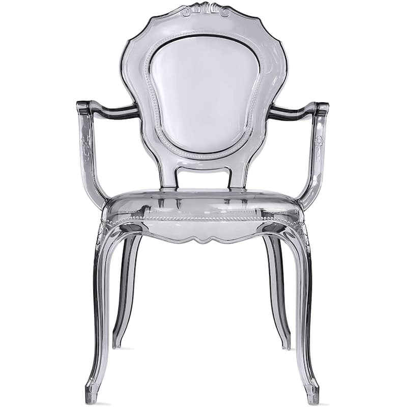 Designer Stacking Transparent Molded Plastic Dining Chairs With Arms Backs Crystal For Kitchen Desk Bedroom Outdoor Patio Indoor - Smoke