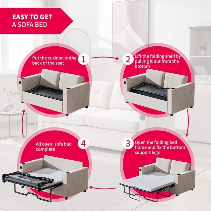Mixoy Pull Out Sofa Bed,Sleeper Sofa Couch with Memory Foam Mattress,Cup Holder,USB,Pull Out Couch Bed