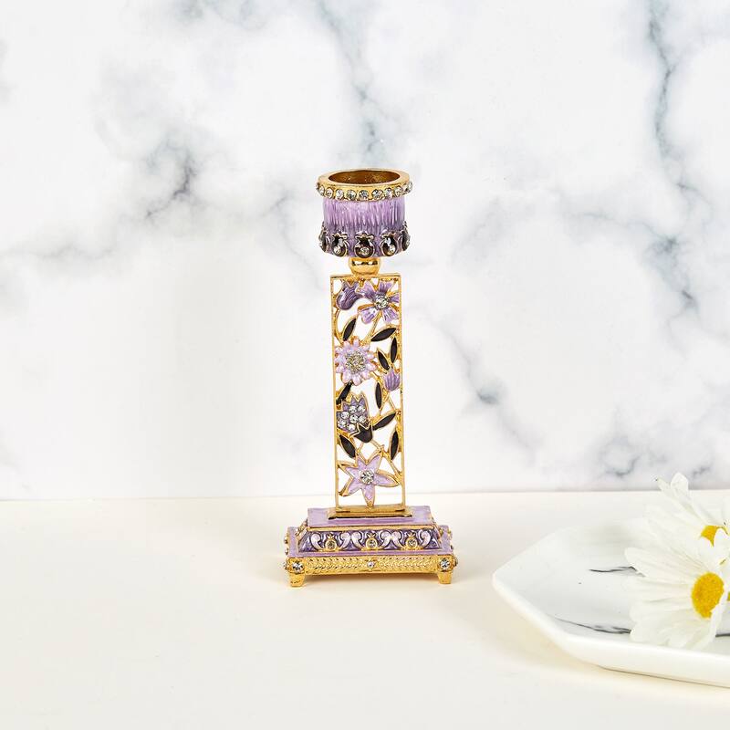 Matashi Shabbat Candlestick (2-Piece Set) Hand-Painted, Gold-Plated Pewter | Adorned w/ Pomegranates and Flowers (Purple)