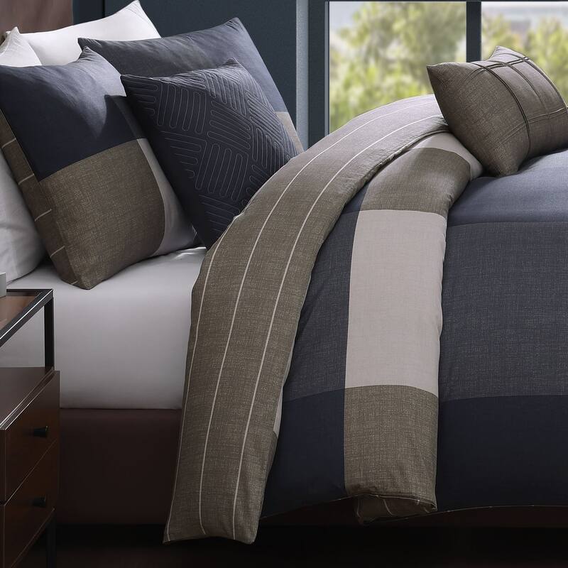 Bebejan Checkered Navy Tan 100% Cotton Sateen 5 Piece Reversible Comforter Set