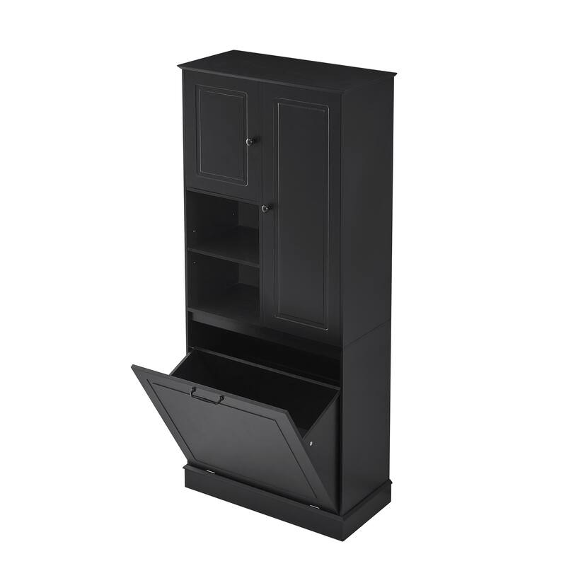 Roomfitters 67" Tall Storage Cabinet with Flip-Out Basket & Adjustable Shelves, MDF Linen Tower for Bathroom & Office