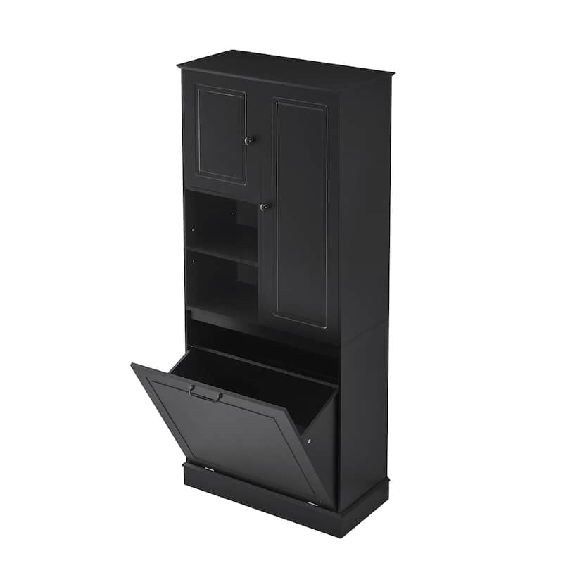 Storage Cabinet with Flip-Out Basket, Bathroom Cabinet with 2 Doors & Adjustable Shelves, Freestanding Floor Cabinet