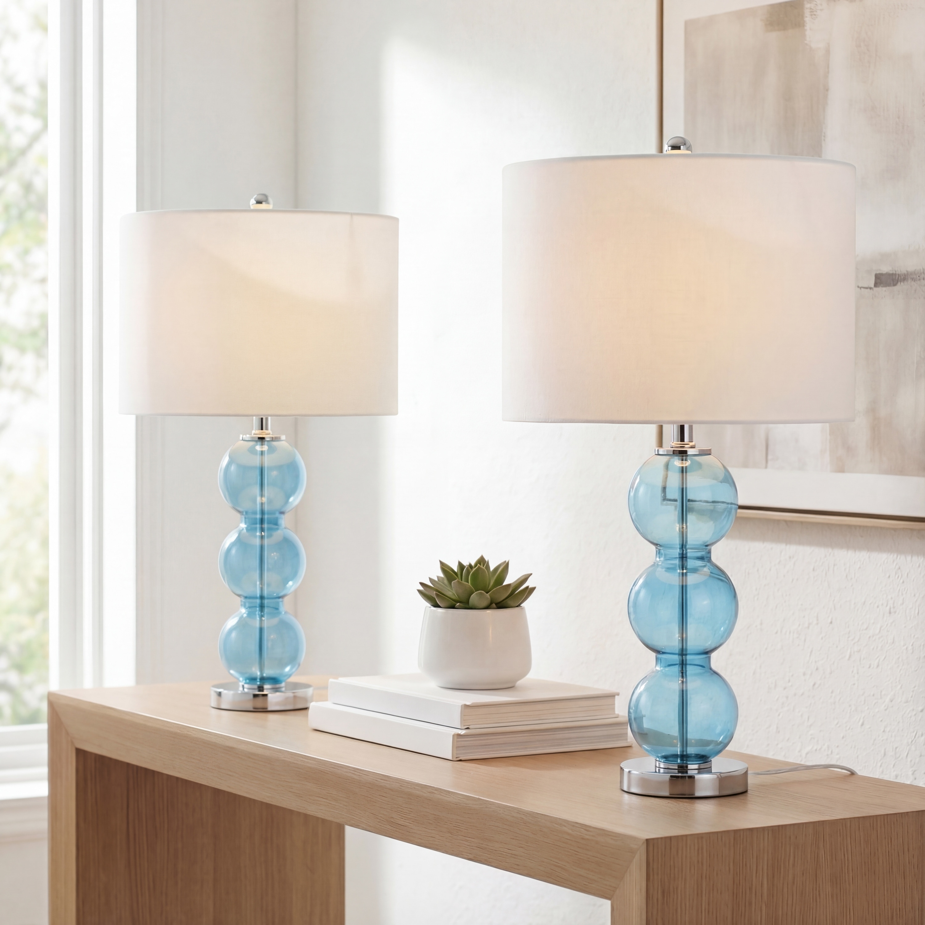 JONATHAN Y Ella 27" Glass Triple-Sphere LED Table Lamp, Mercury Silver/Chrome (Set of 2)