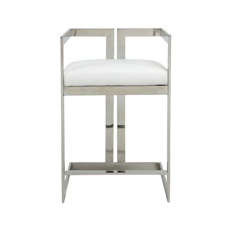 Suki 26 Inch Counter Stool Chair, White Faux Leather, Stainless Steel