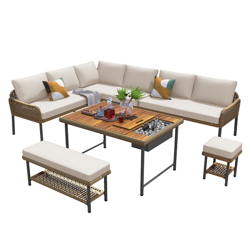 6-Piece Outdoor Patio Rope L-Shaped Sectional Sofa Set with Acacia Wood Table and Ice Box