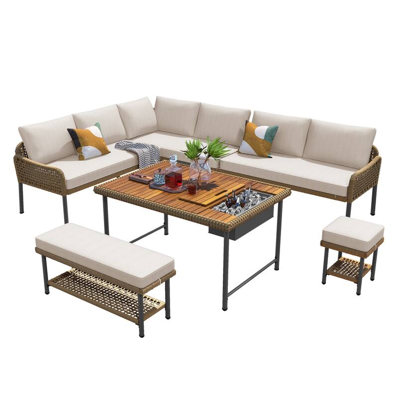 6-Piece Patio Furniture L-Shaped Set, Outdoor Sectional Sofa Set, Couch Conversation Set, Beige