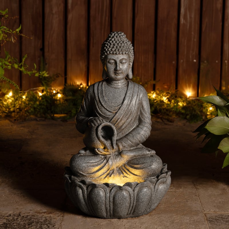 Glitzhome Polyresin Meditating Buddha Frog/Elephant Statue Outdoor Water Fountain with LED Lights