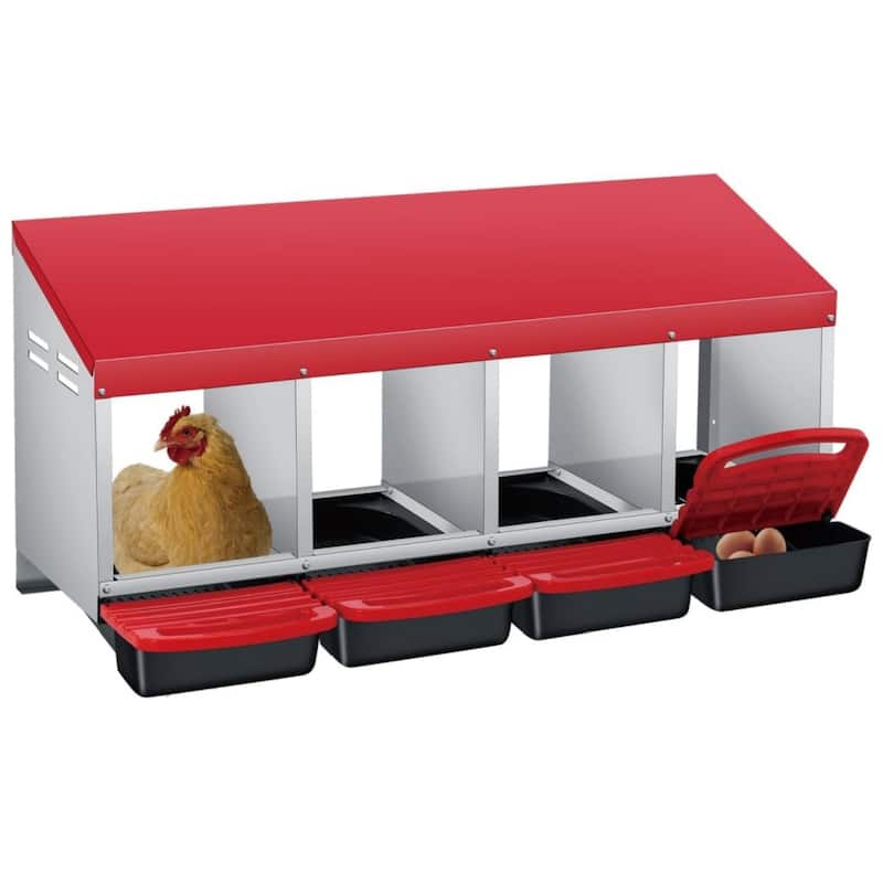 Roll-Away Nesting Boxes for Chickens Coop with Perch - 4 Hole Red