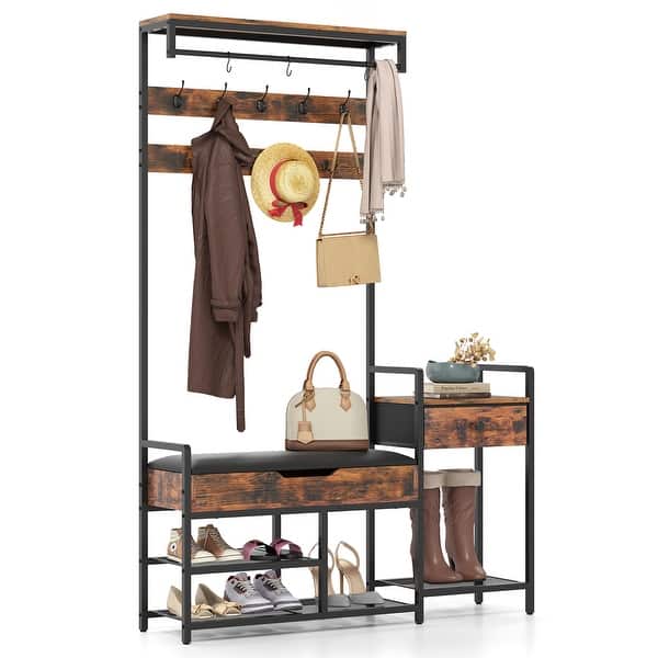 slide 2 of 9, Rustic Brown Metal Hall Tree Bench with Hooks, Drawer, Shelves and Shoe Rack - 47.5" L x 12" W x 70" H Rustic Brown-Black