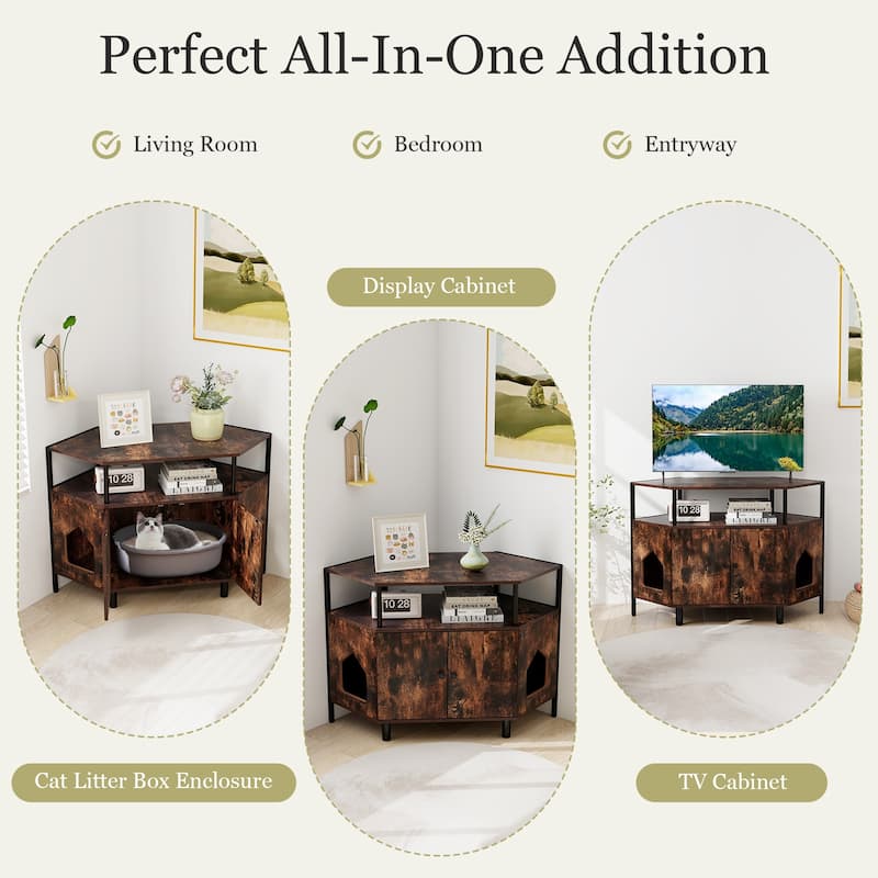 Corner Cat Litter Box Enclosure with Open Shelf 2 Entrances and Metal Legs - 41.5" x 20" x 29"