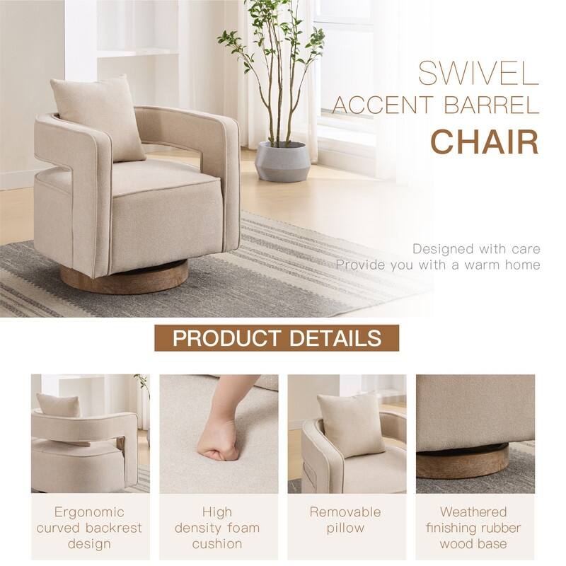 360 Degree Swivel Accent Chair with Solid Wood Base,Linen Blend