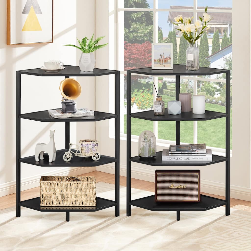 Javlergo Set of 2 Corner Shelf Freestanding 4-Tier Wood Storage Rack