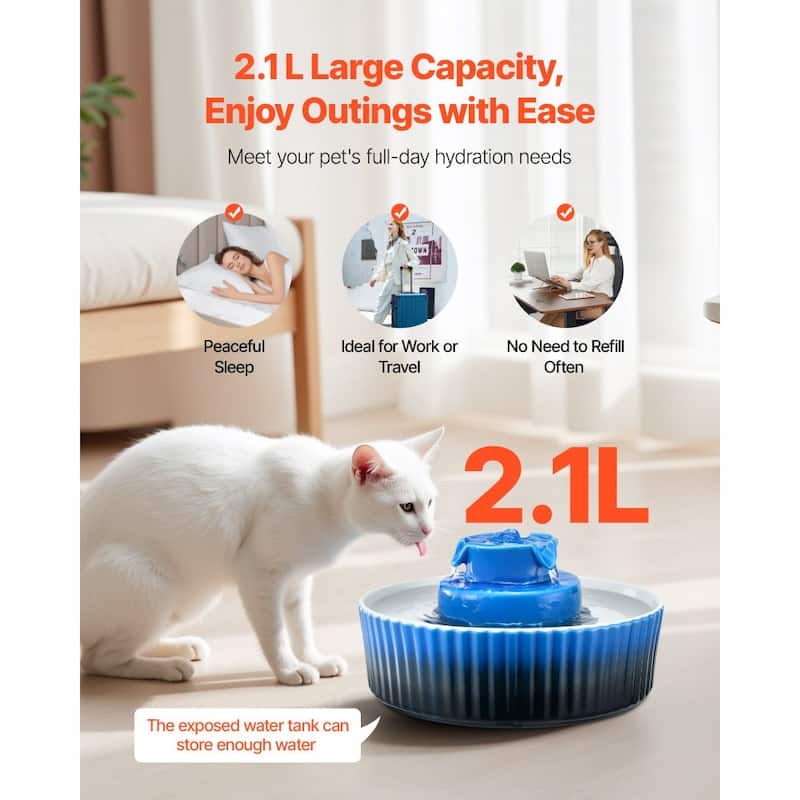 Blue Ceramic Pet Water Fountain 2.1L with Quiet Pump and Dual Filter - 9.45 x 9.45 x 5.12 in