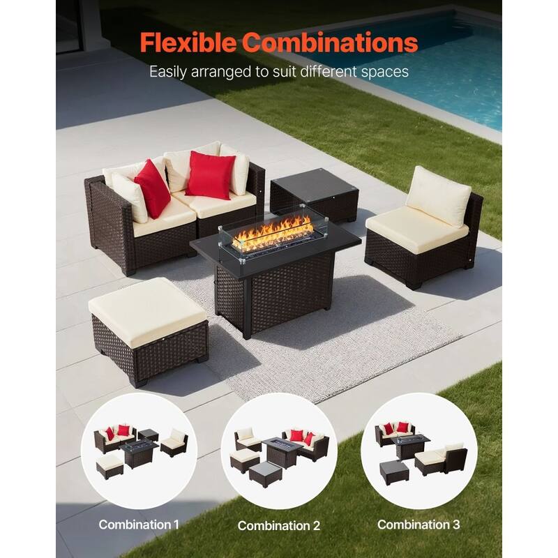 Beige-Mix Brown PE Rattan 6-Piece Patio Furniture Set with 44-Inch Fire Pit Table and Cushioned Steel Frame Sofas