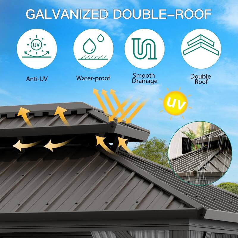 Outdoor Hardtop Gazebo Galvanized Aluminum Framed Double Roof Pavilion with Netting and Curtains, Waterproof Roof Gazebo