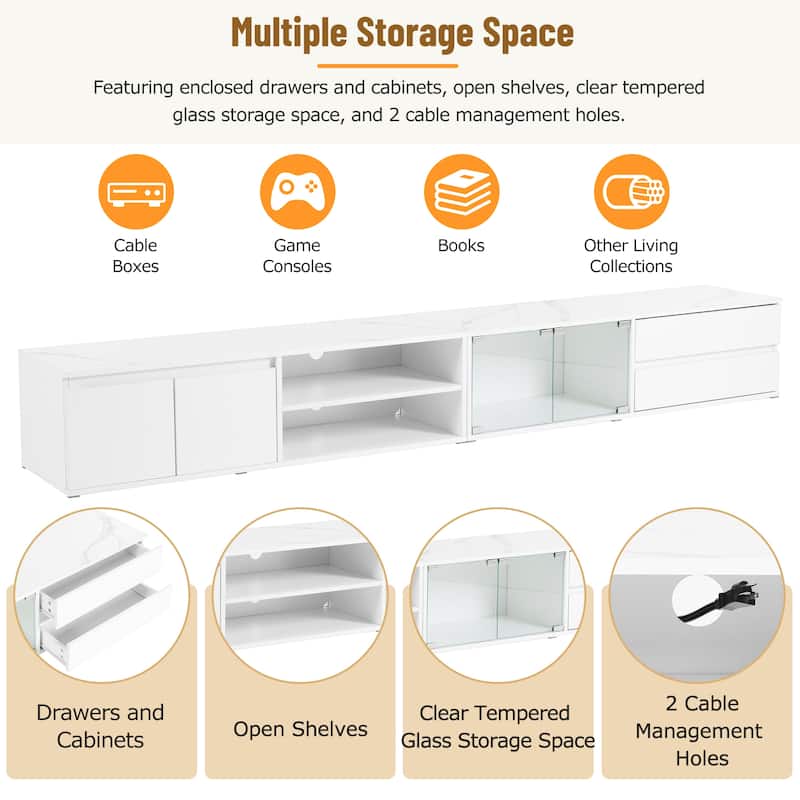TV Stand for TVs up to 105", Modern Faux Marble Media Console with LED Lights, Tempered Glass Doors, 2 Drawers, Cabinets