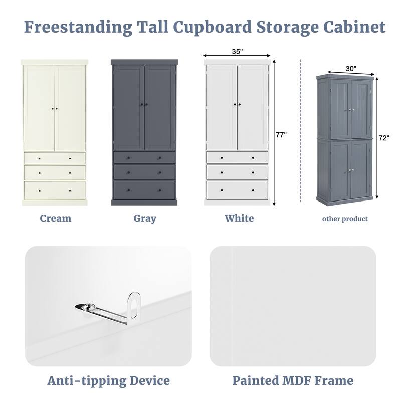 77" Farmhouse Kitchen Pantry, Freestanding Tall Cupboard Storage Cabinet with 3 Adjustable Shelves, 8 Door Shelves, 3 Drawers