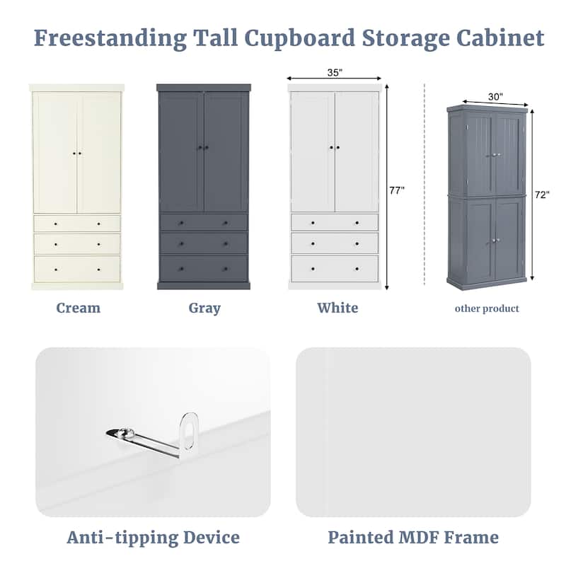 Freestanding Kitchen Pantry with 3 Drawers, Tall Kitchen Cupboard Storage Cabinet with 3 Adjustable Shelves and 8 Door Shelves