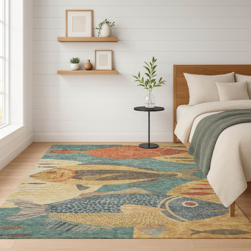 Machine Washable Indoor/ Outdoor Modern Fish Chantille Rug