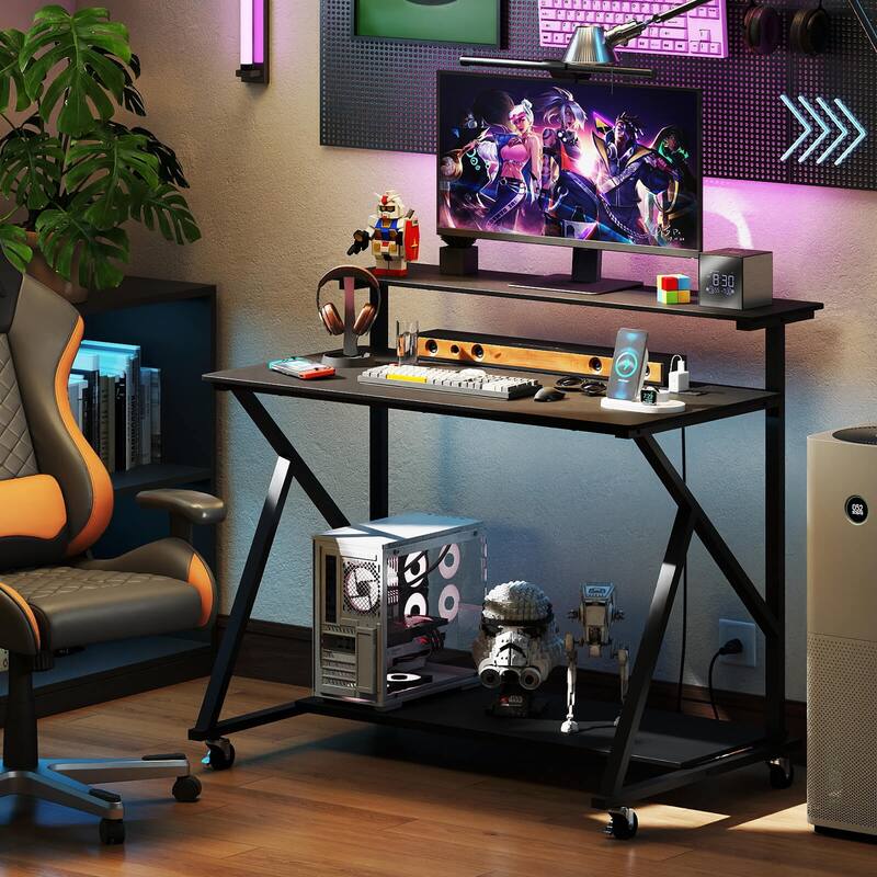 Costway Rolling Computer Desk with Charging Station Monitor Stand