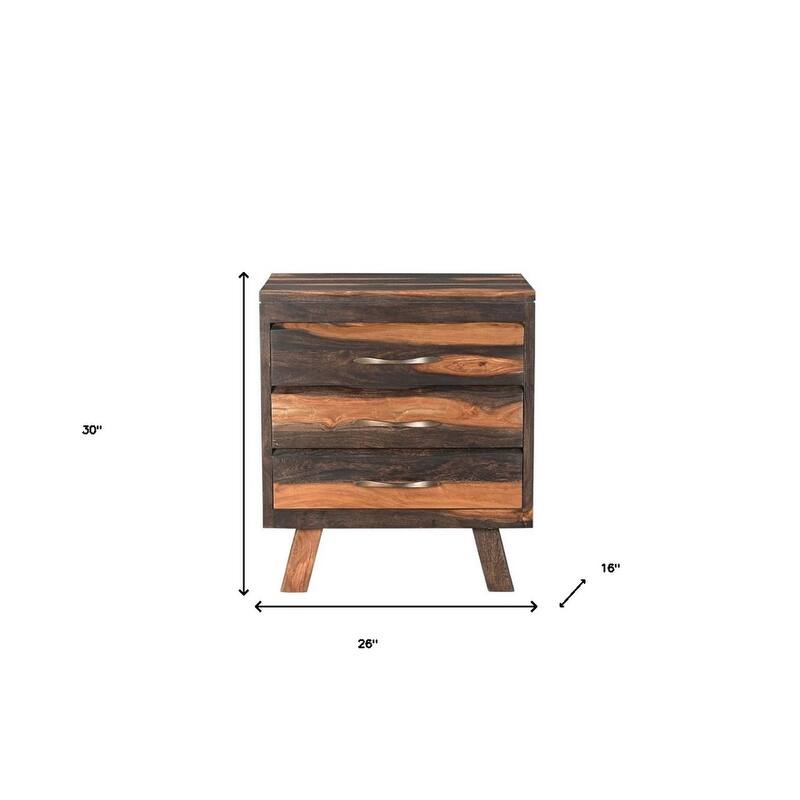 30" Dark Brown Three Drawer Live Edge Solid Wood Nightstand