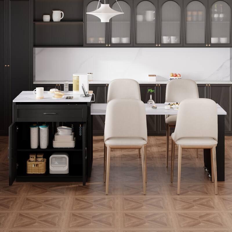 31.5'' Kitchen Island with Extendable Dining Table for 4-6 Person, Power Outlet, Open Shelves and 2 Drawers