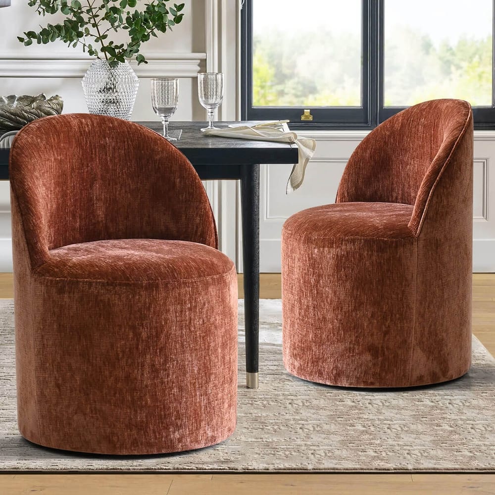 Chenille Upholstered Dining Chair with Wheels (Set of 2)