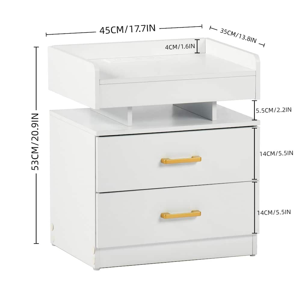 FurnitureR LED Nightstand with USB Ports & Power Outlets, 2 Drawer Bedside Table with Storage Shelf for Bedroom, White