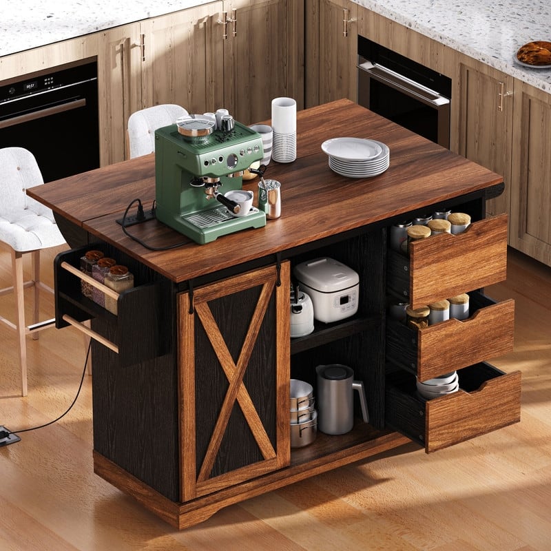 Farmhouse Kitchen Island with Drop Leaf, Barn Door, Power Outlet, Rolling Kitchen Cart