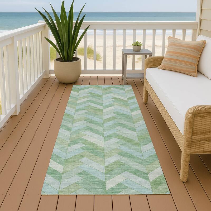 Machine Washable Indoor/ Outdoor Modern Chevron Chantille Rug - Green - 2'3" x 7'6"