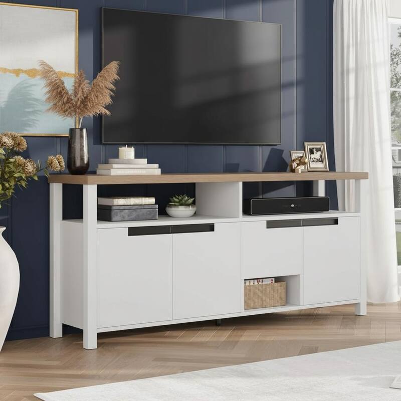 TV Stand, with Storage and Open Shelf - Greyand white