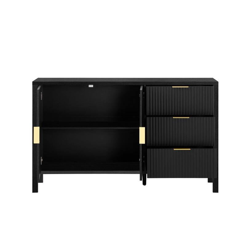 Modern Fluted 2-Door Sideboard with 3 Storage Drawers and Adjustable Hooks for Living Room,Entryway,Hallway
