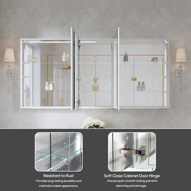 56''/64''W X 30''H Recessed Or Surface Wall Mount Bathroom Medicine Cabinet With Adjustable Glass Shelves