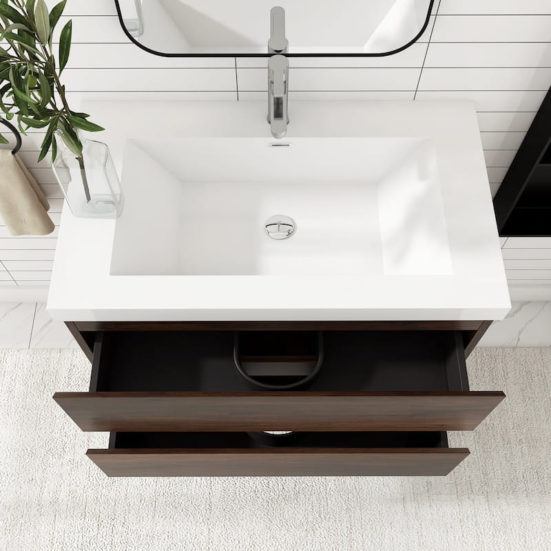 MDF Wall-Mounted Bathroom Vanity Set in Rose Wood with Integrated Culture Marble Sink
