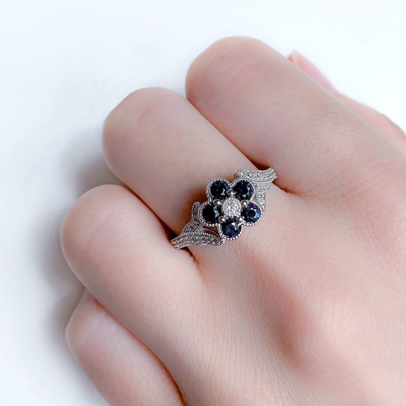 Flower Blue Sapphire and 1/6ct TDW Diamond Split Shank Ring in 10k White Gold by Miadora