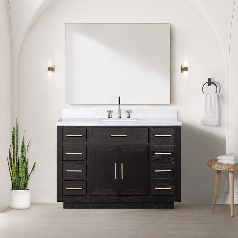 Lexora Abbey Bath Vanity, Carrara Marble Top, Faucet Set, and Mirror - 48 Inch - Black Oak