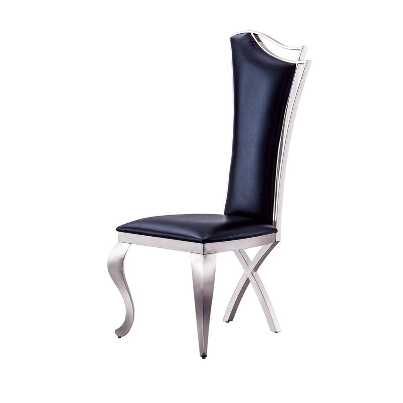 Set of 2 Leatherette/Velvet Unique Design Backrest Dining Chair with Stainless Steel Legs - Black and Silver