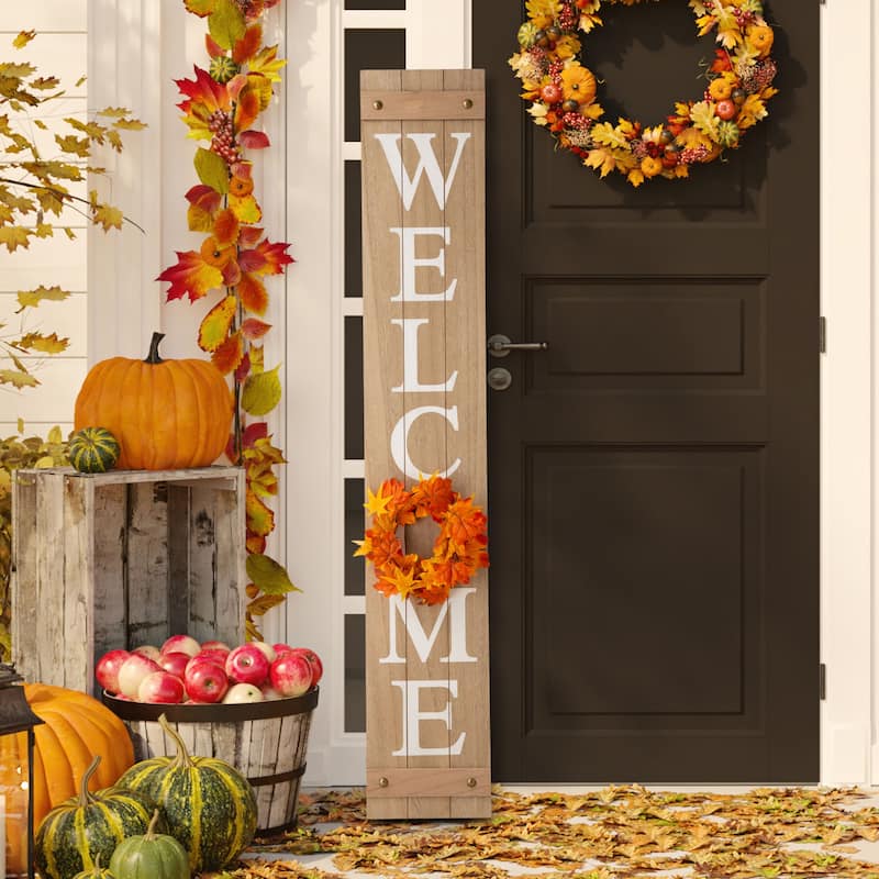 Glitzhome 60"H Wooden Welcome Porch Sign with 4 Floral Wreaths for Christmas Decoration