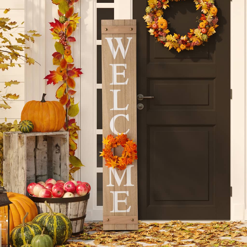 Glitzhome 60"H Wooden Welcome Porch Sign with 4 Floral Wreaths for Fall Halloween Thanksgiving Christmas Decoration