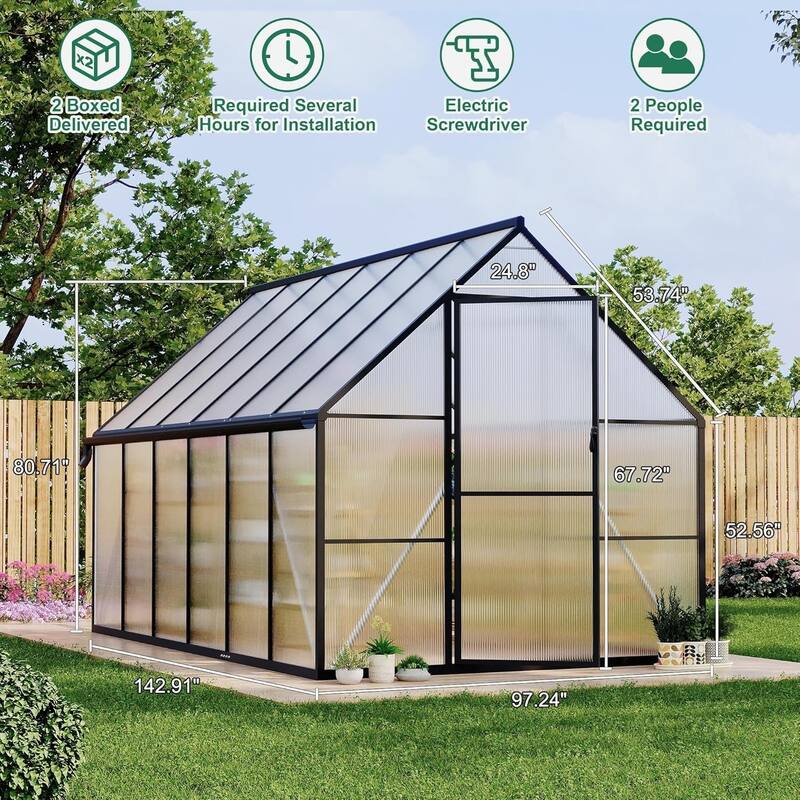 6x11FT Aluminum-Framed Polycarbonate Greenhouse Kit, Black - 6*11FT