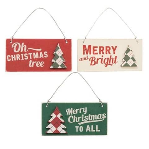 3/Set Plaid Christmas Tree Word Ornaments - 1.5" high (3" with hanger) by 3" wide.