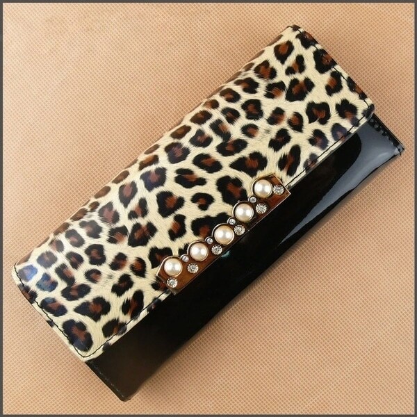 Shop High-grade Pearl Rhinestone Leopard Pattern Leather Clutch Wallet for Women - Free Shipping ...