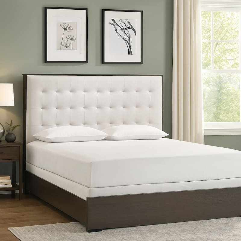 Hez King Size Bed, Tufted Cream White Headboard Upholstery, Dark Brown